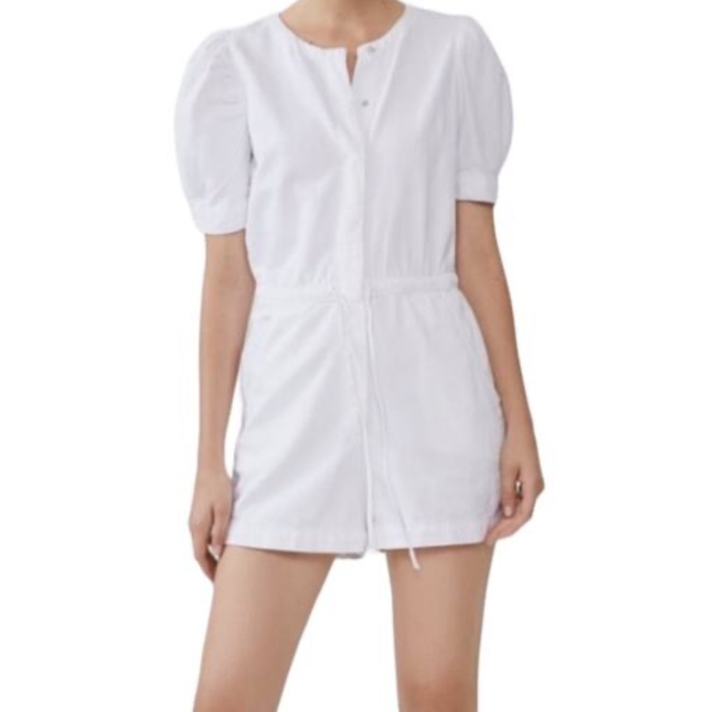 Zara white denim romper play suit with puff sleeves and tie waist